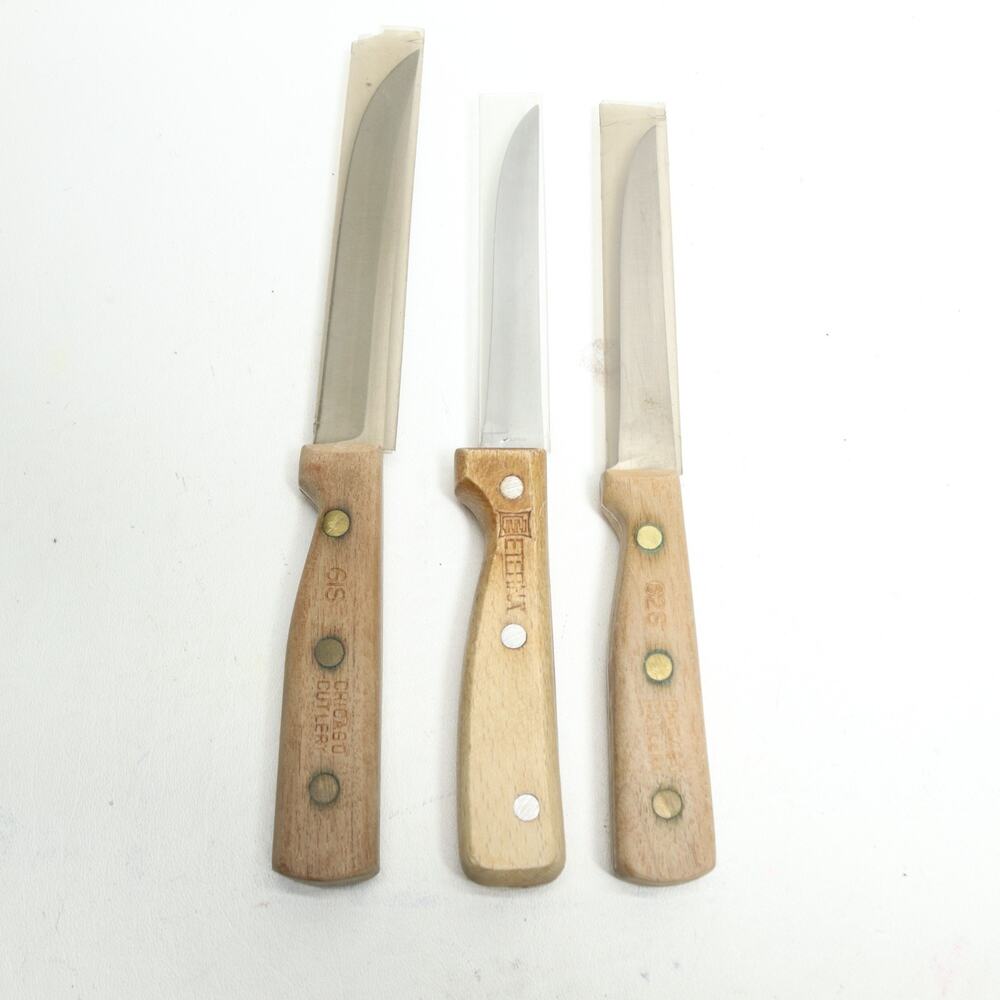 Vintage Knife Lot 2 Chicago 1 Eterna Stainless Steel Blade Wood Handle 3 Knives